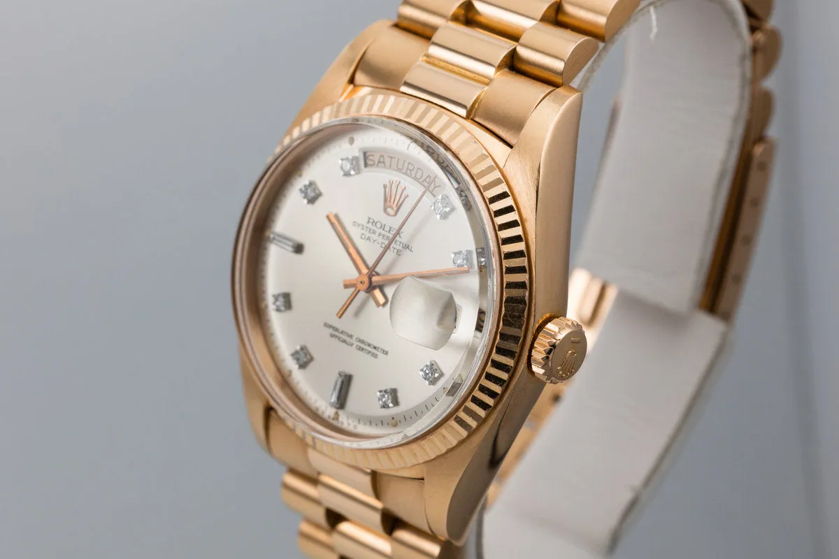 1972 Rolex Rose Gold Day Date 1803 Factory Diamond Silver Dial