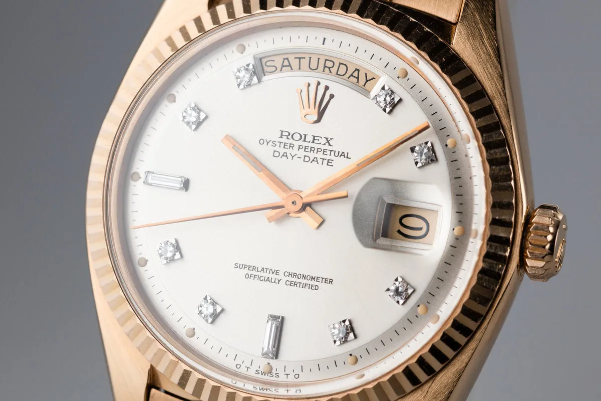 1972 Rolex Rose Gold Day Date 1803 Factory Diamond Silver Dial