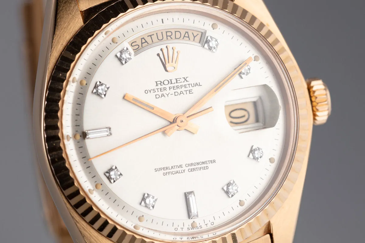 1972 Rolex Rose Gold Day Date 1803 Factory Diamond Silver Dial