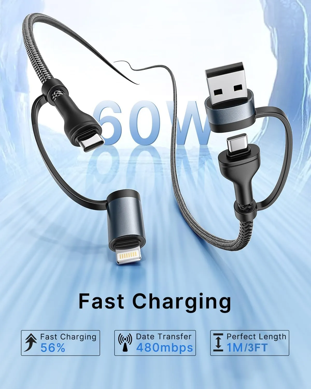 4 in 1 Charging Cable, USB C Lightning Adapter USB C to USB C 60W PD [Fast Charging & Data Sync] 4 in 1 Multi Charger for iPhone 16 15 14 13 12,MacBook Pro 2023 iPad Mini 6/Pro,Samsung Galaxy S22 S21