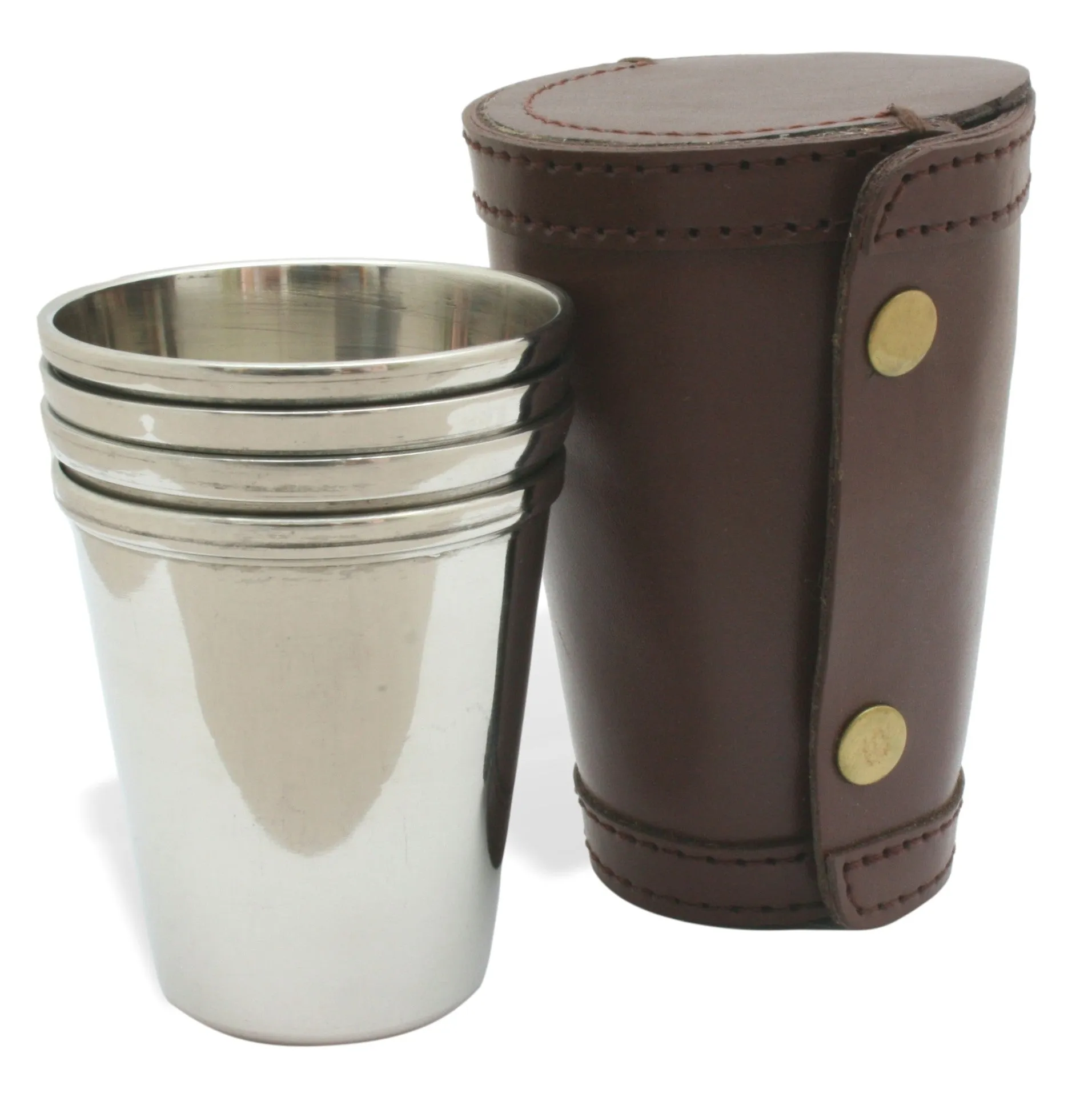 4 x Stacking Steel Stirrup Cups In Dark Brown Leather Case (4oz)