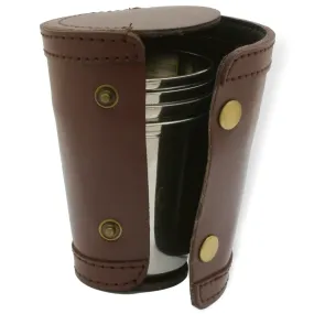 4 x Stacking Steel Stirrup Cups In Dark Brown Leather Case (4oz)