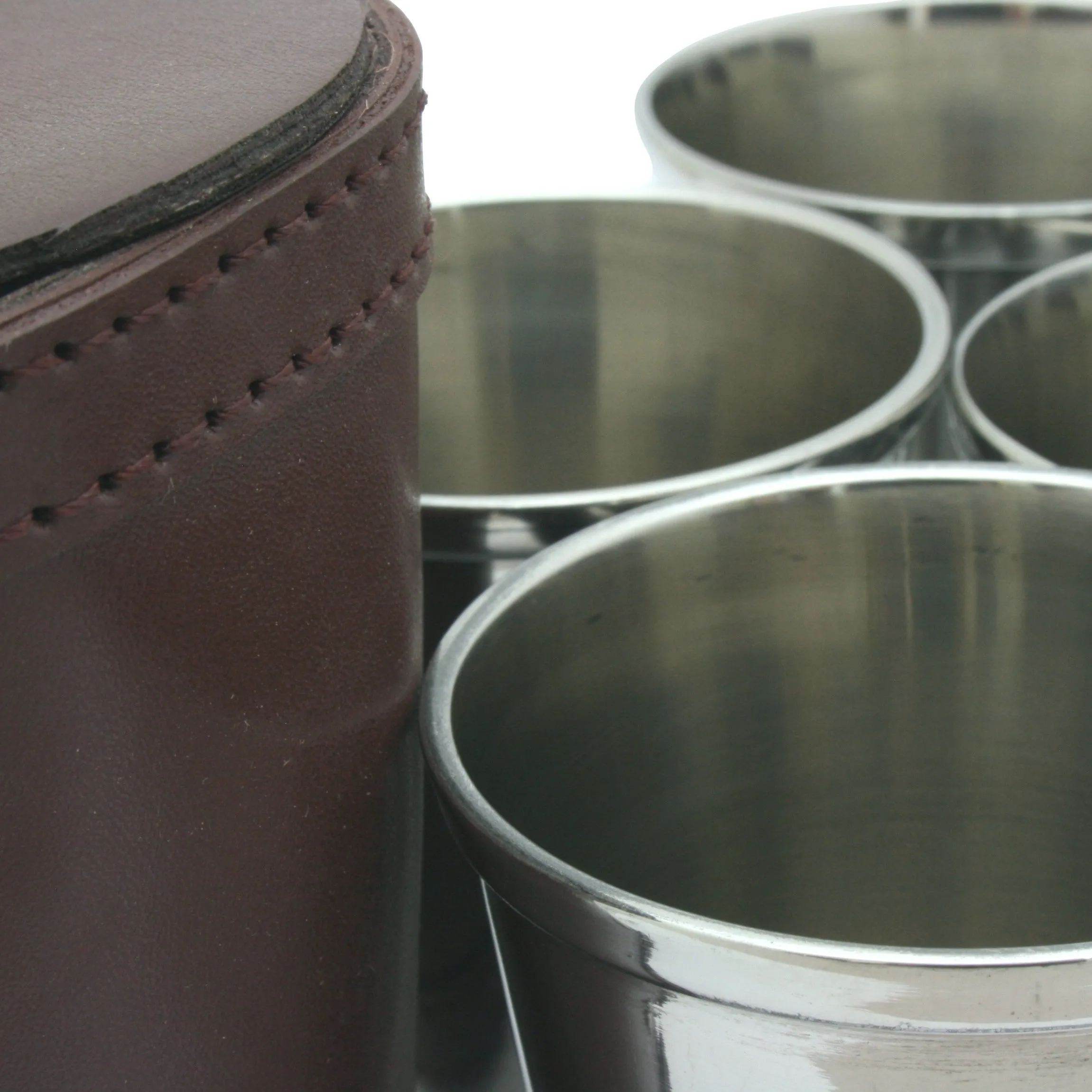 4 x Stacking Steel Stirrup Cups In Dark Brown Leather Case (4oz)