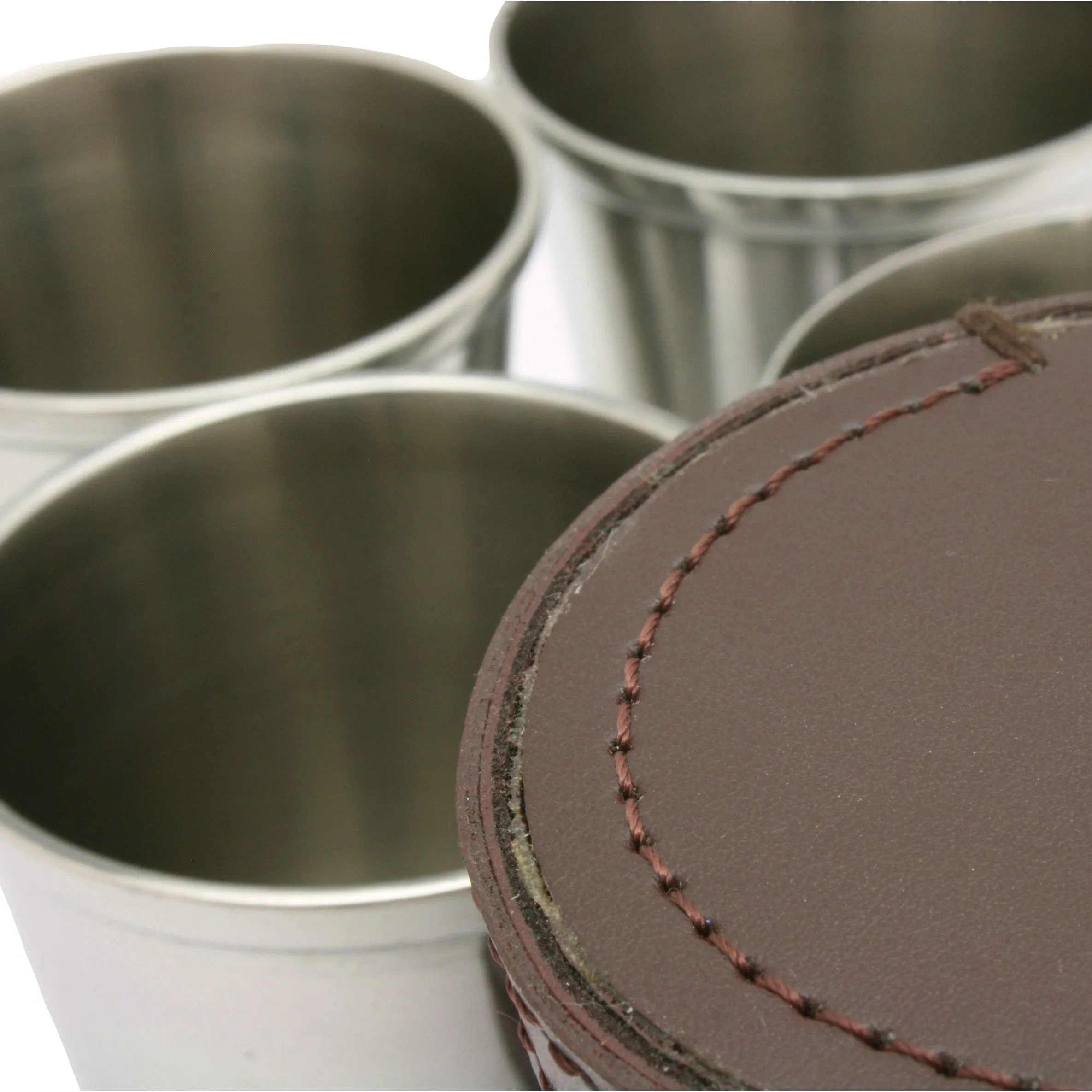 4 x Stacking Steel Stirrup Cups In Dark Brown Leather Case (4oz)