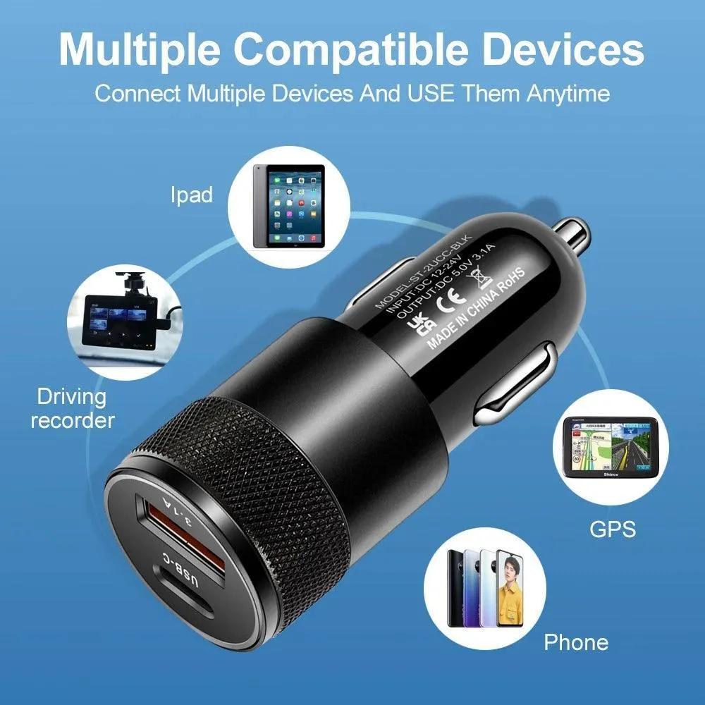 66W Dual USB Car Charger with Type C Fast Charging: High-Speed Adapter - Cigarette Lighter Socket