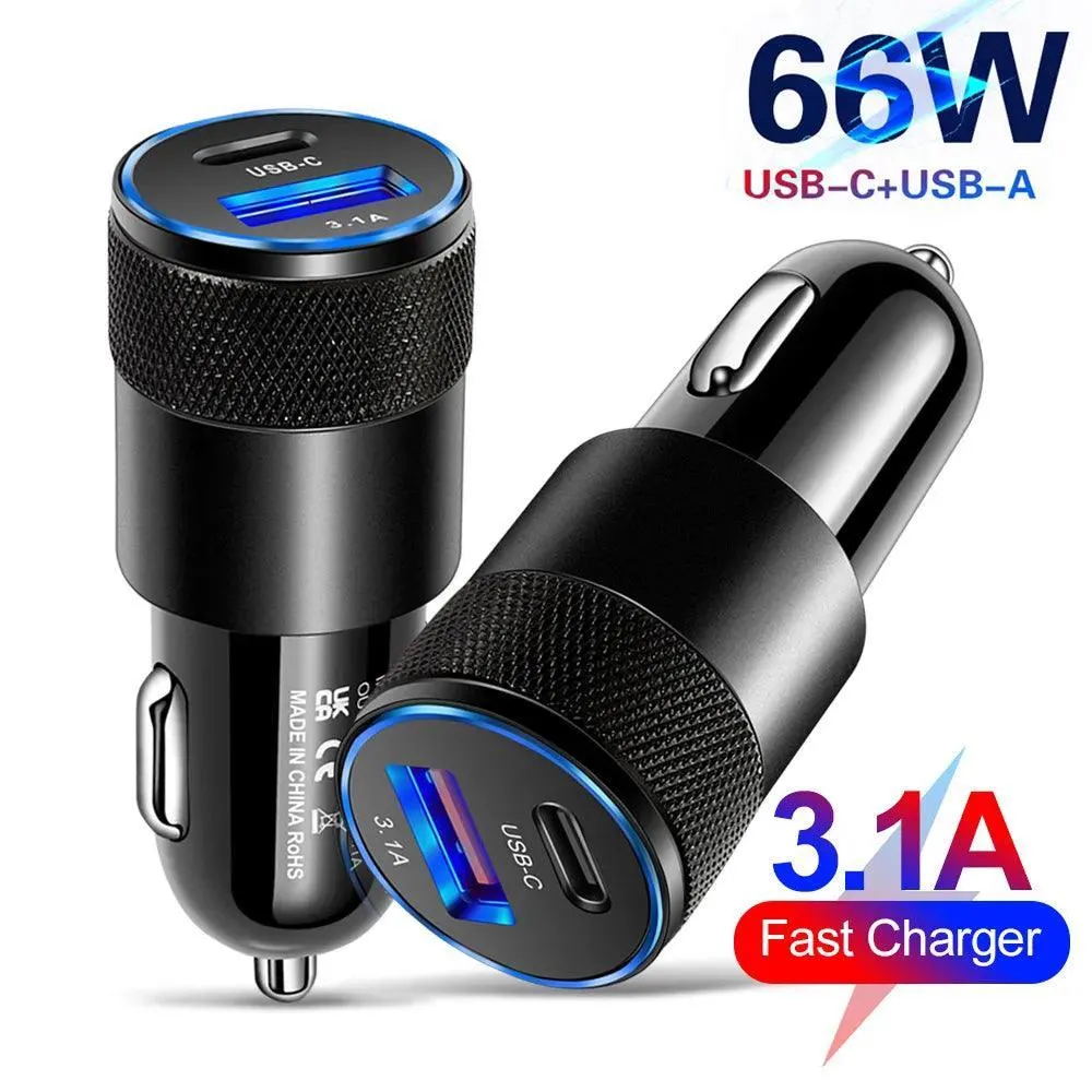 66W Dual USB Car Charger with Type C Fast Charging: High-Speed Adapter - Cigarette Lighter Socket