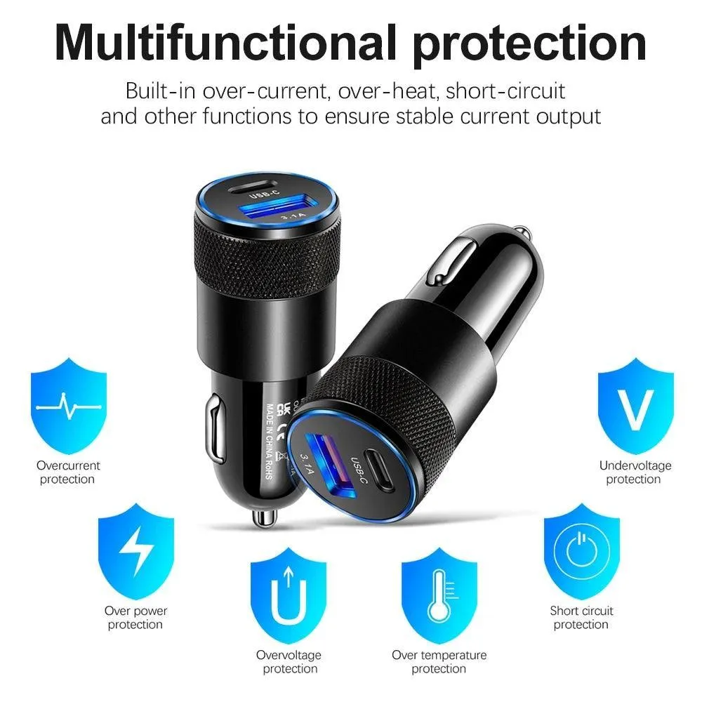 66W Dual USB Car Charger with Type C Fast Charging: High-Speed Adapter - Cigarette Lighter Socket