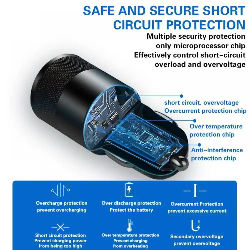 66W Dual USB Car Charger with Type C Fast Charging: High-Speed Adapter - Cigarette Lighter Socket