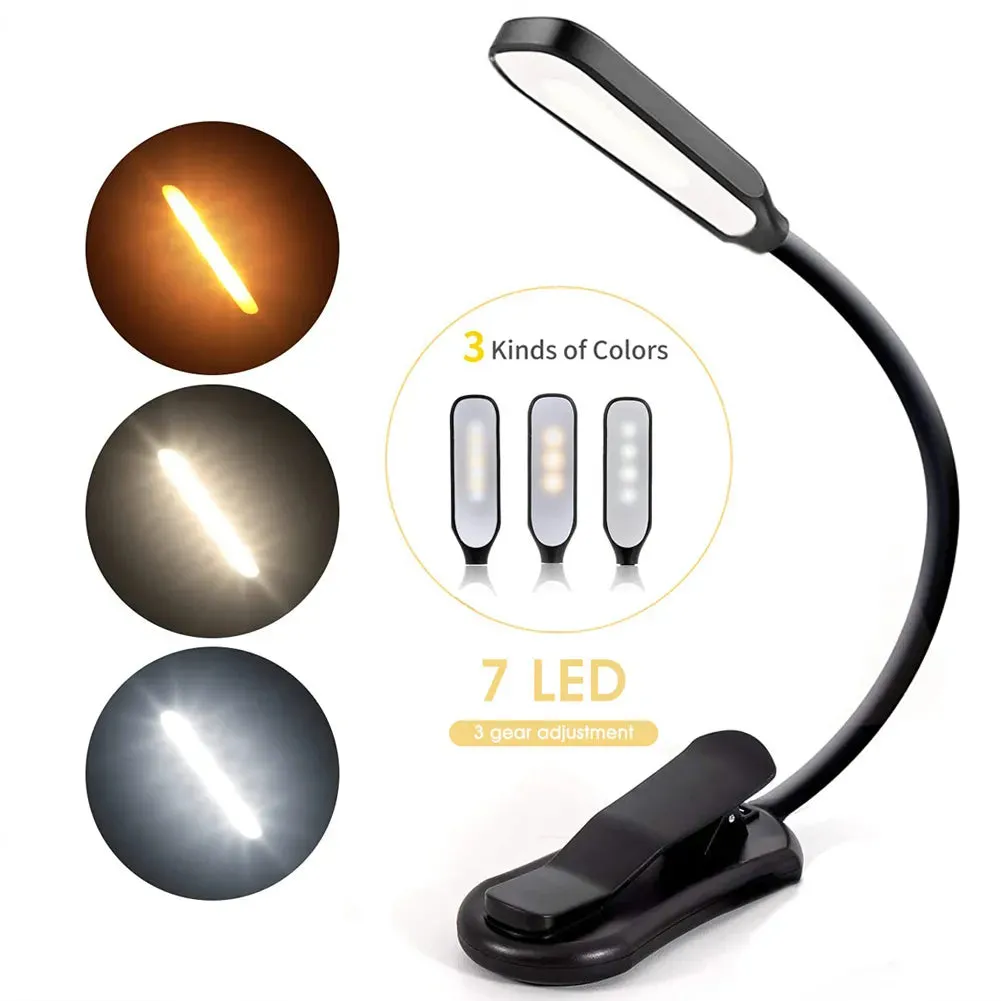 7 LED Book Light USB Rechargeable Reading Light 3-Level Warm Cool White Daylight Portable Flexible Easy Clip Night Reading Lamp