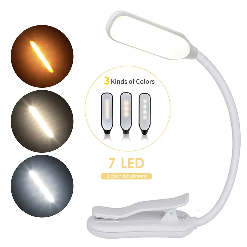 7 LED Book Light USB Rechargeable Reading Light 3-Level Warm Cool White Daylight Portable Flexible Easy Clip Night Reading Lamp