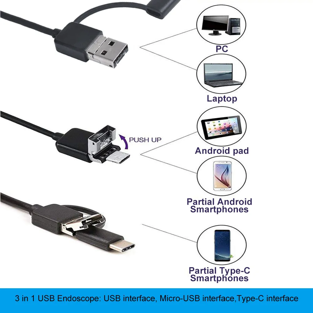 7mm Mini Endoscope Camera Waterproof 3 in 1 Endoscopio USB Android for Otg Type C Smartphone PC Snake Camera for Fish Finder Car