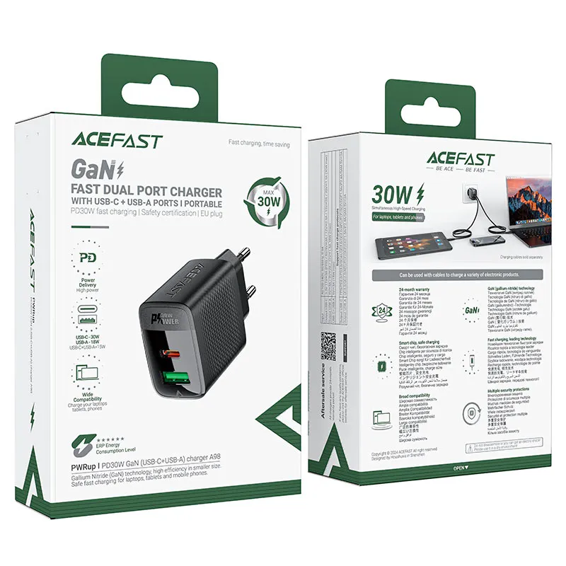 Ace Fast Adapter Charger 2Port, 30Watts, Black