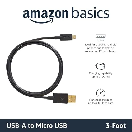 Amazon Basics USB-A to Micro USB Fast Charging Cable, 480Mbps Transfer Speed with Gold-Plated Plugs, USB 2.0, 3 Foot, Black