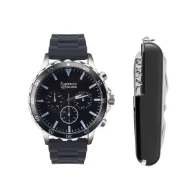 American Exchange Men's Black Rubber Strap Watch 50mm Gift Set