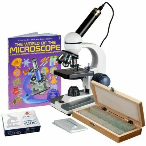 AmScope M150 Series Portable Student Monocular Compound Microscope 40X-1000X Magnification with LED, 1MP USB Eyepiece Camera, 50 Prepared Slides, 50 Blank Slides and Microscope Book