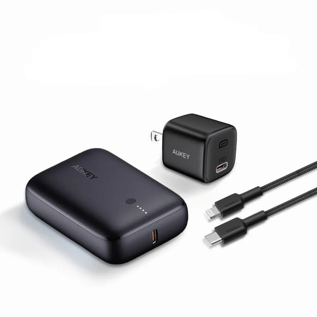 Aukey On-The-Go Bundle (10000mAh Powerbank   USB-C to Lightning Cable   USB-C Adapter)