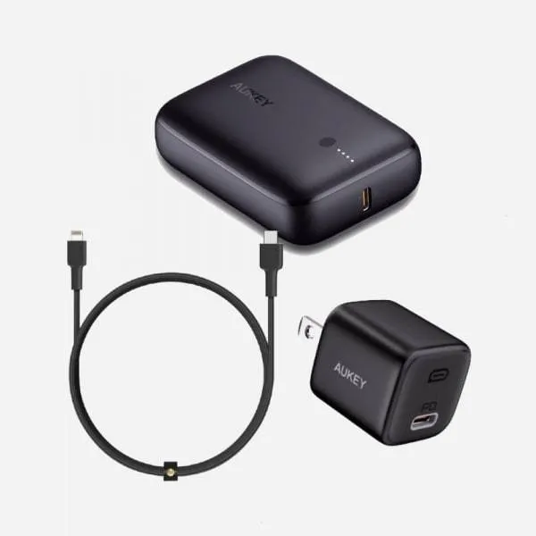 Aukey On-The-Go Bundle (10000mAh Powerbank   USB-C to Lightning Cable   USB-C Adapter)