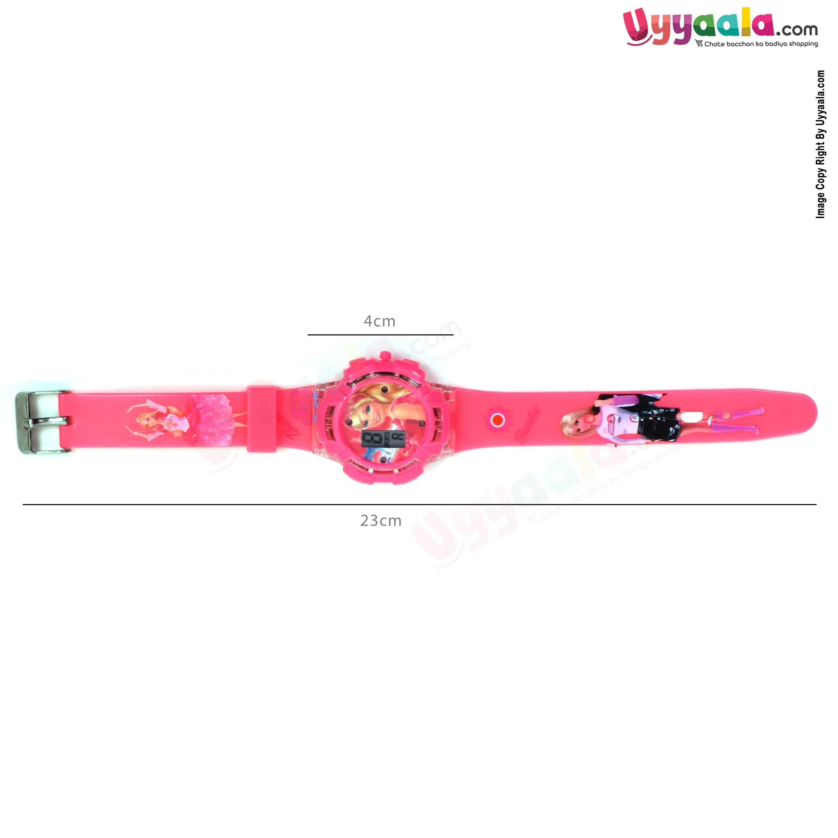 Barbie analog digital watch with led lights & music for kids - pink strap with barbie print, 1   years