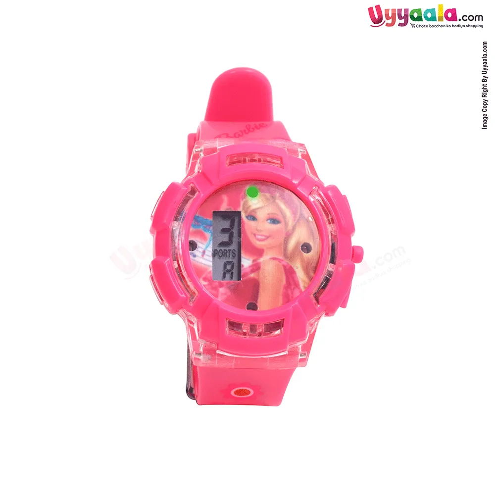 Barbie analog digital watch with led lights & music for kids - pink strap with barbie print, 1   years