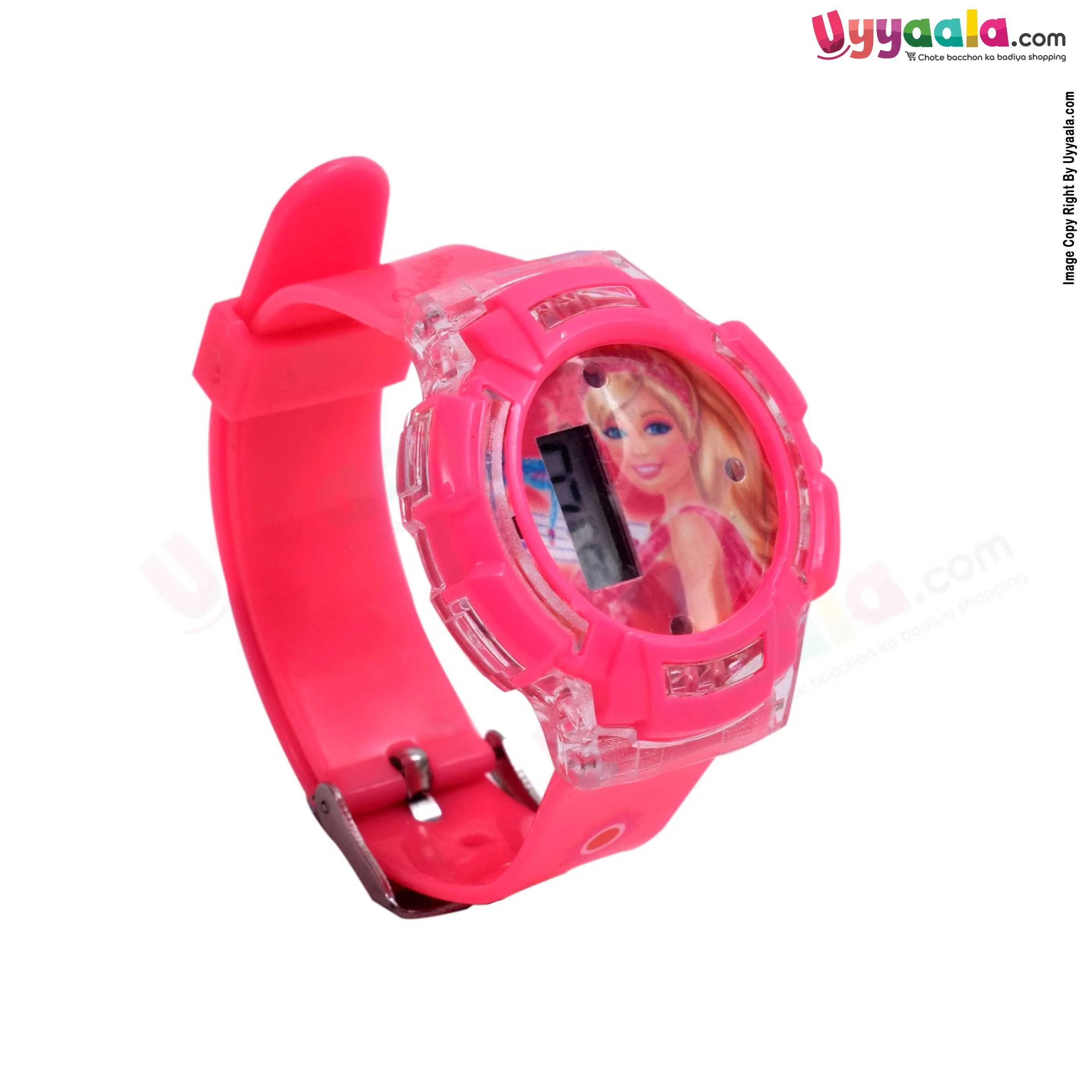 Barbie analog digital watch with led lights & music for kids - pink strap with barbie print, 1   years