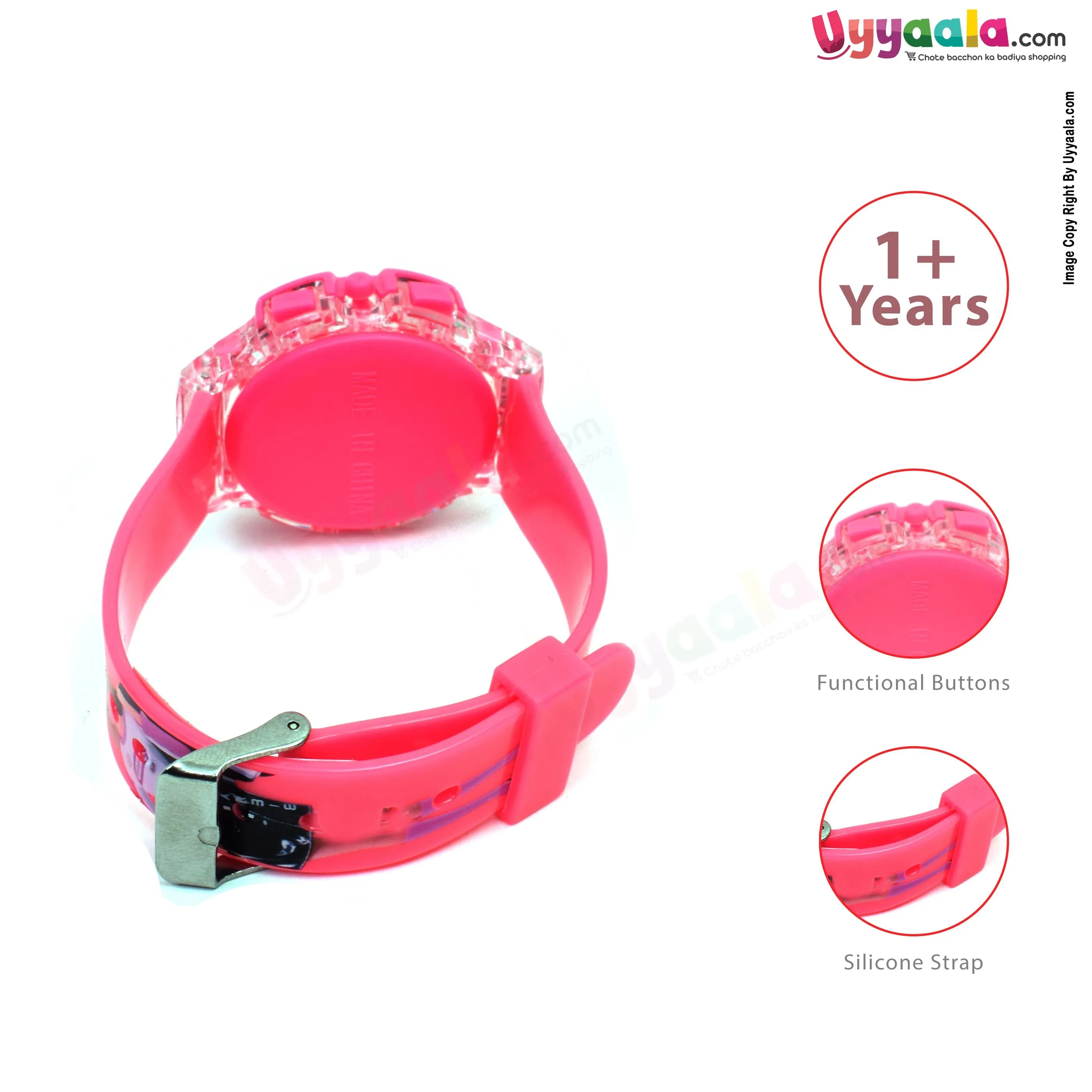 Barbie analog digital watch with led lights & music for kids - pink strap with barbie print, 1   years