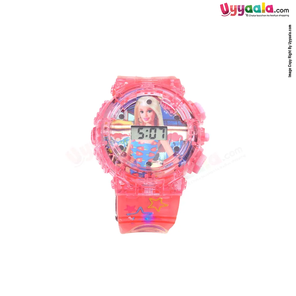 Barbie analog digital watch with led lights & music for kids - pink strap with barbie print, 2   years