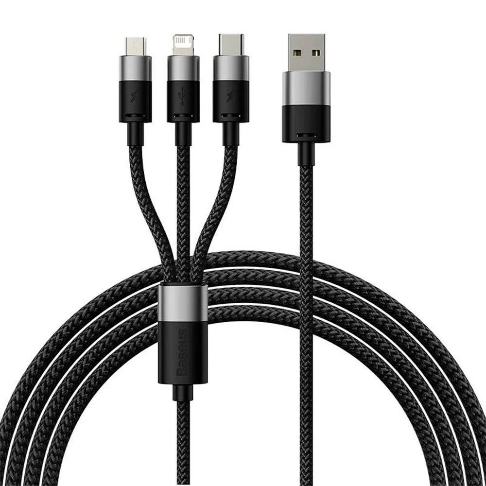 Baseus StarSpeed - 3-i-1 18W USB-A Multi Kabel m. USB-C, Lightning & Micro-USB - 1.2m - Sort