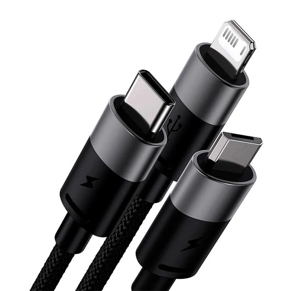 Baseus StarSpeed - 3-i-1 18W USB-A Multi Kabel m. USB-C, Lightning & Micro-USB - 1.2m - Sort