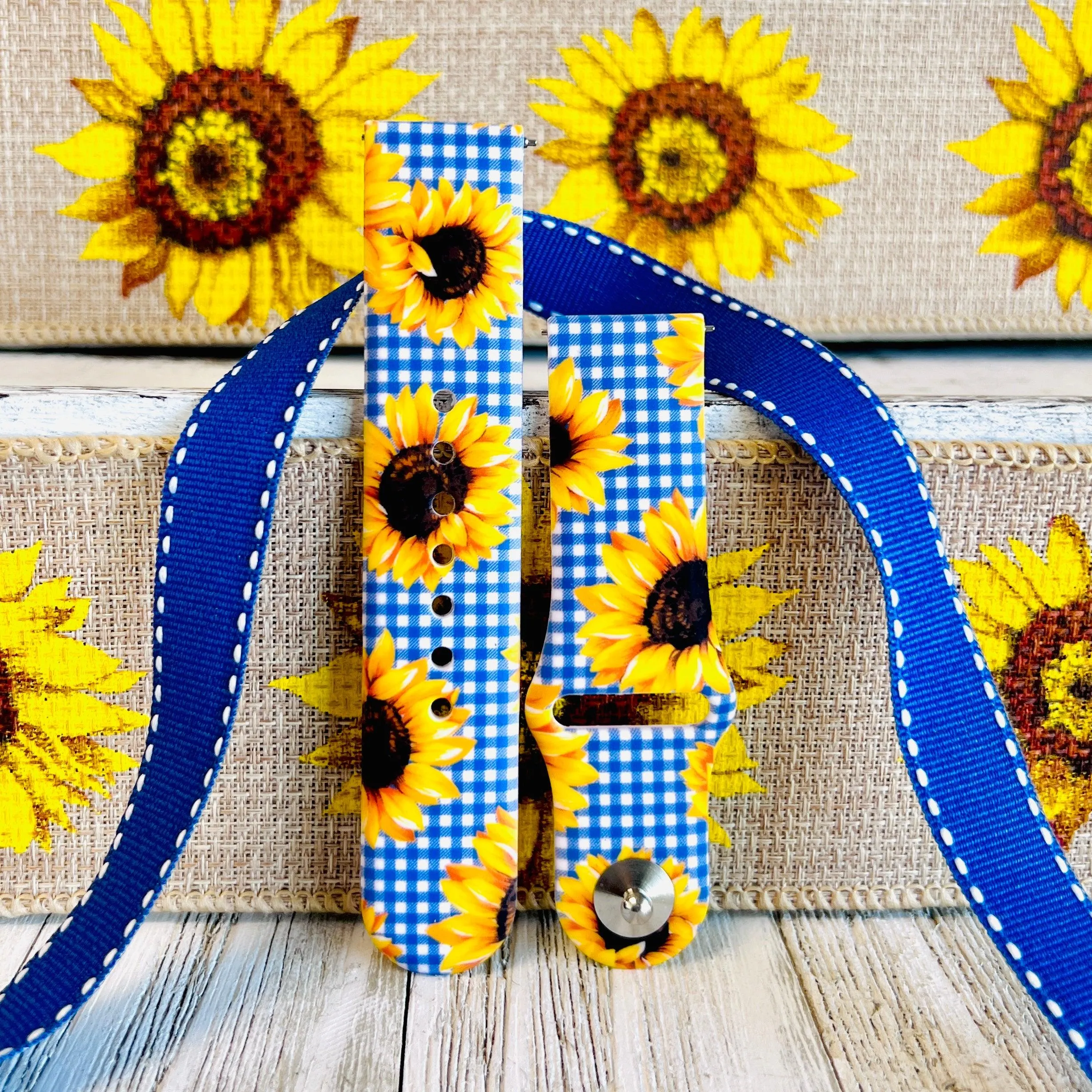 Blue Gingham Sunflower Print Silicone Band For Samsung Watch