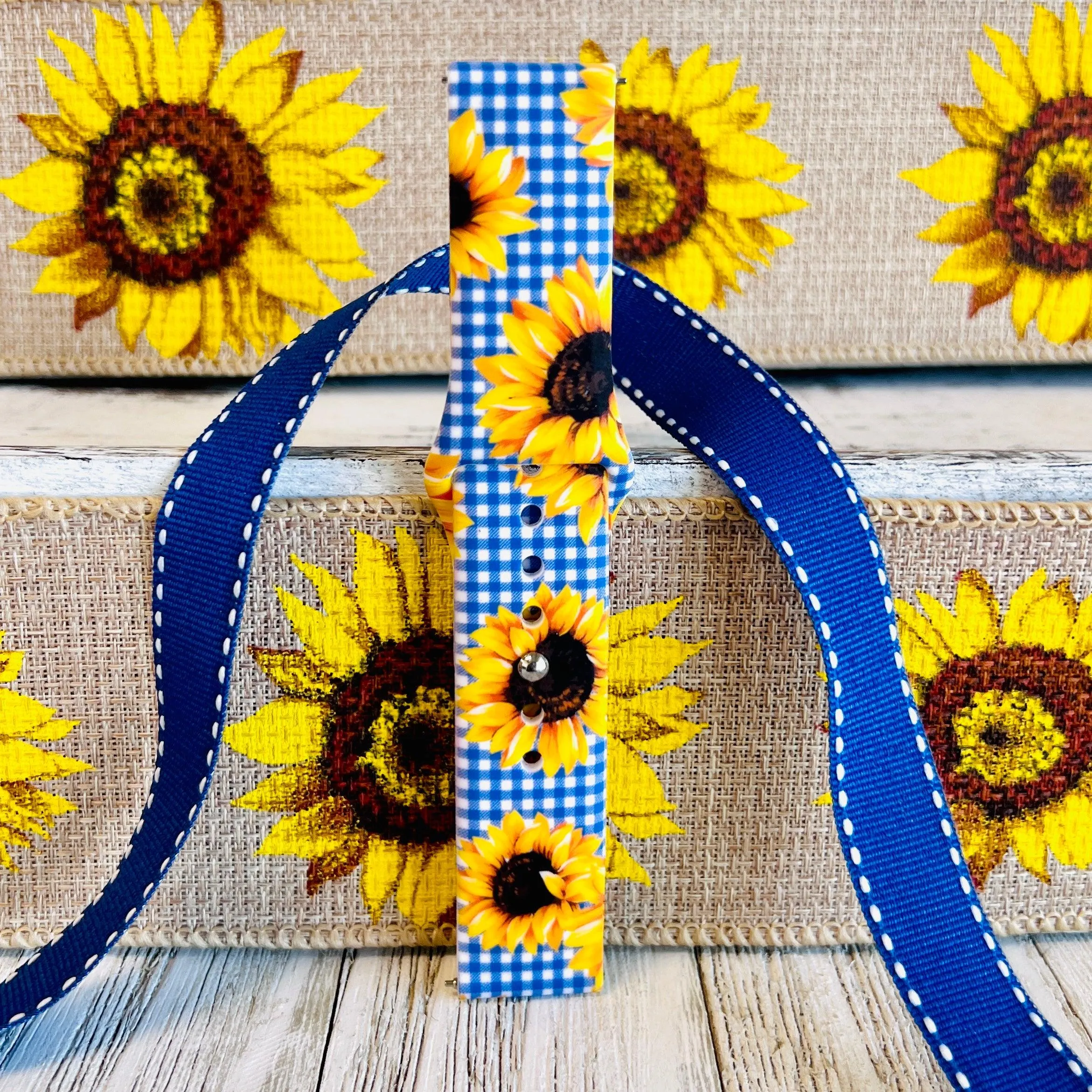 Blue Gingham Sunflower Print Silicone Band For Samsung Watch