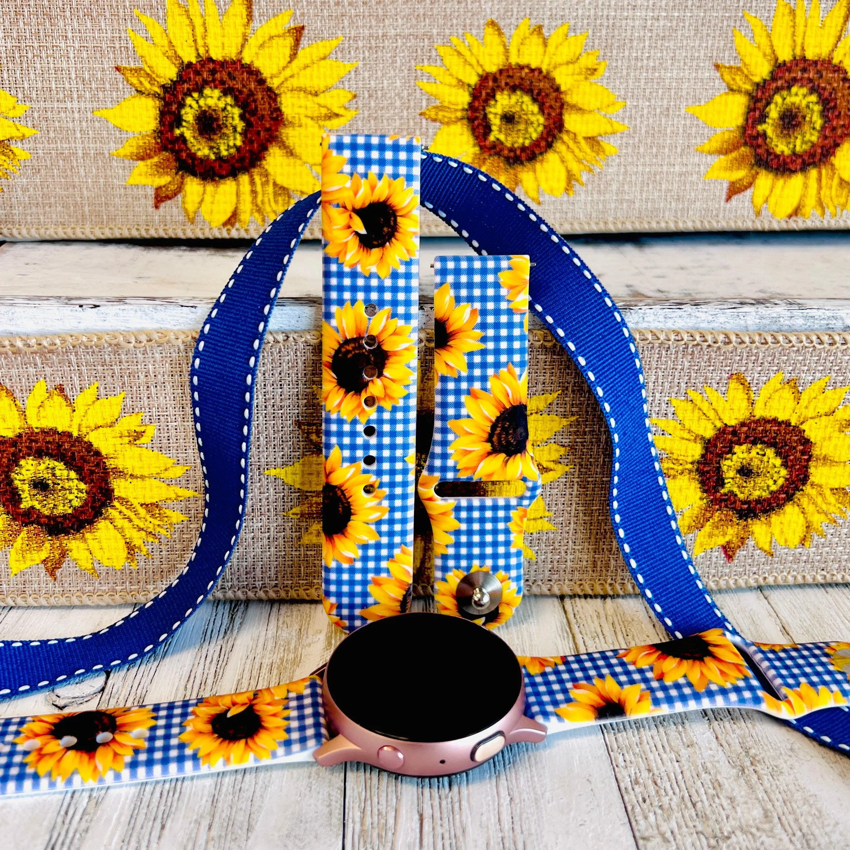 Blue Gingham Sunflower Print Silicone Band For Samsung Watch