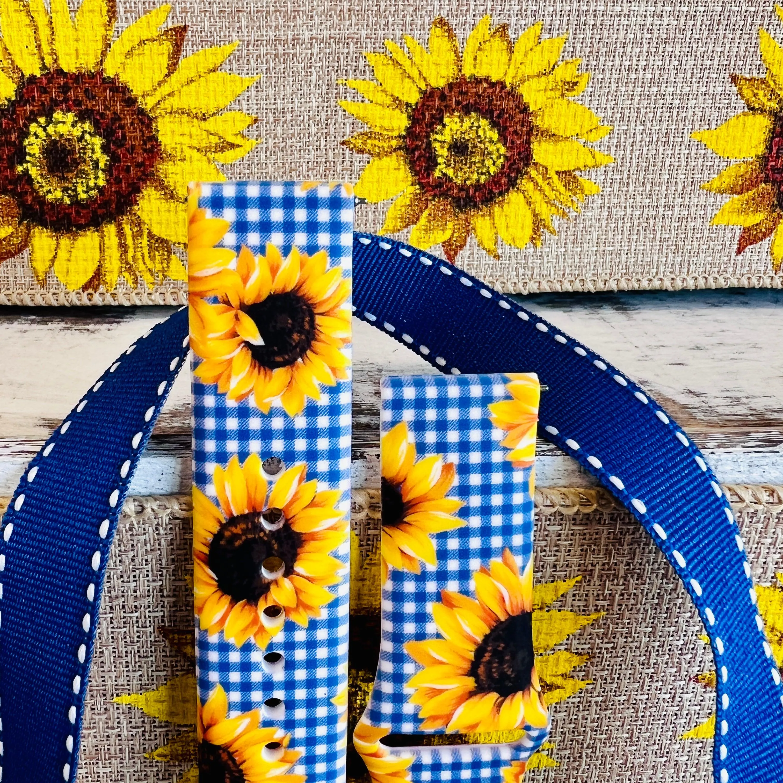 Blue Gingham Sunflower Print Silicone Band For Samsung Watch