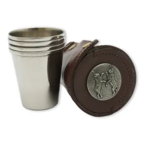 Boxing Hares Design Stacking Stirrup Cups In Brown Leather Case (4x4oz Cups)