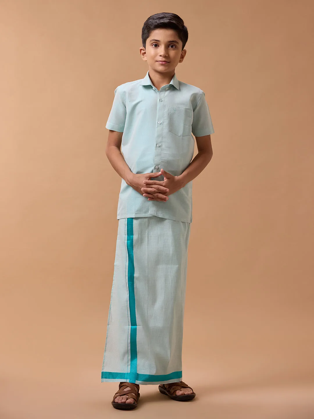 Boys Tissue Jari Half Sleeve Shirt Dhoti Set Sankalpam Ramar Green