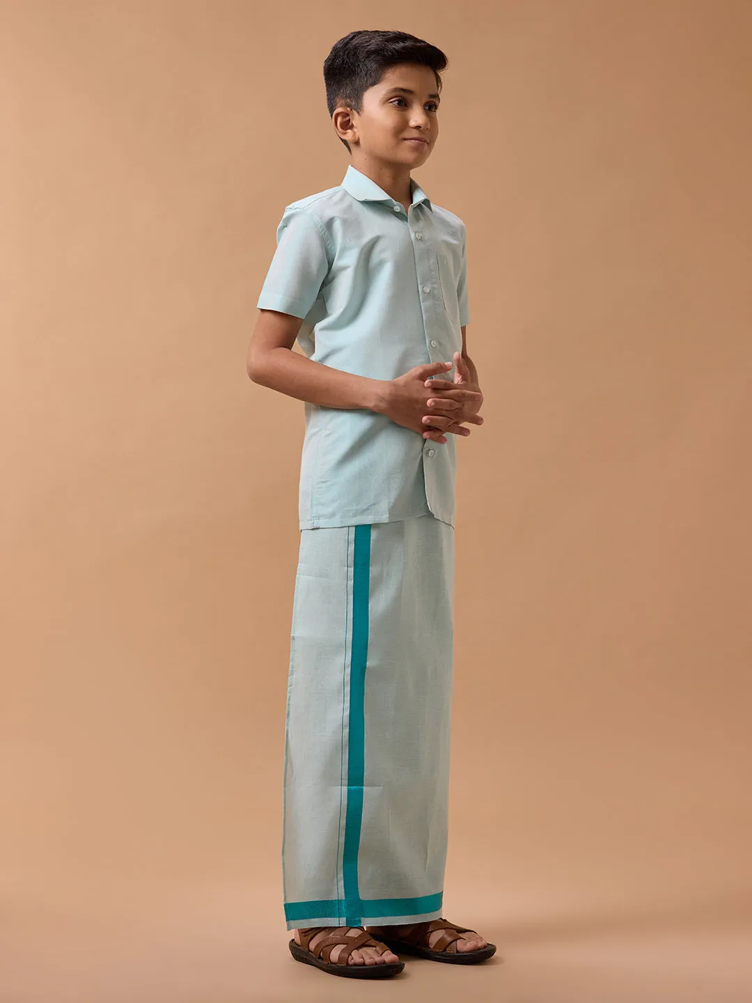 Boys Tissue Jari Half Sleeve Shirt Dhoti Set Sankalpam Ramar Green