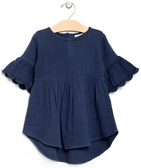 City Mouse Lace Flutter Sleeve Muslin L/S Dress-Midnight (Navy)