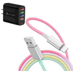 Combo: 6 Feet Charging Cable & 5-Port PD Wall Charger Bundle Deal: Cable   Black Charger