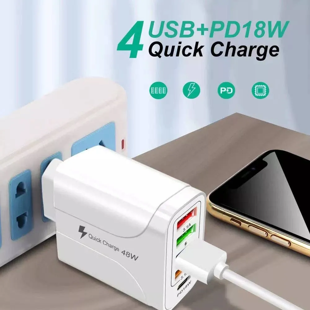 Combo: 6 Feet Charging Cable & 5-Port PD Wall Charger Bundle Deal: Cable   Black Charger