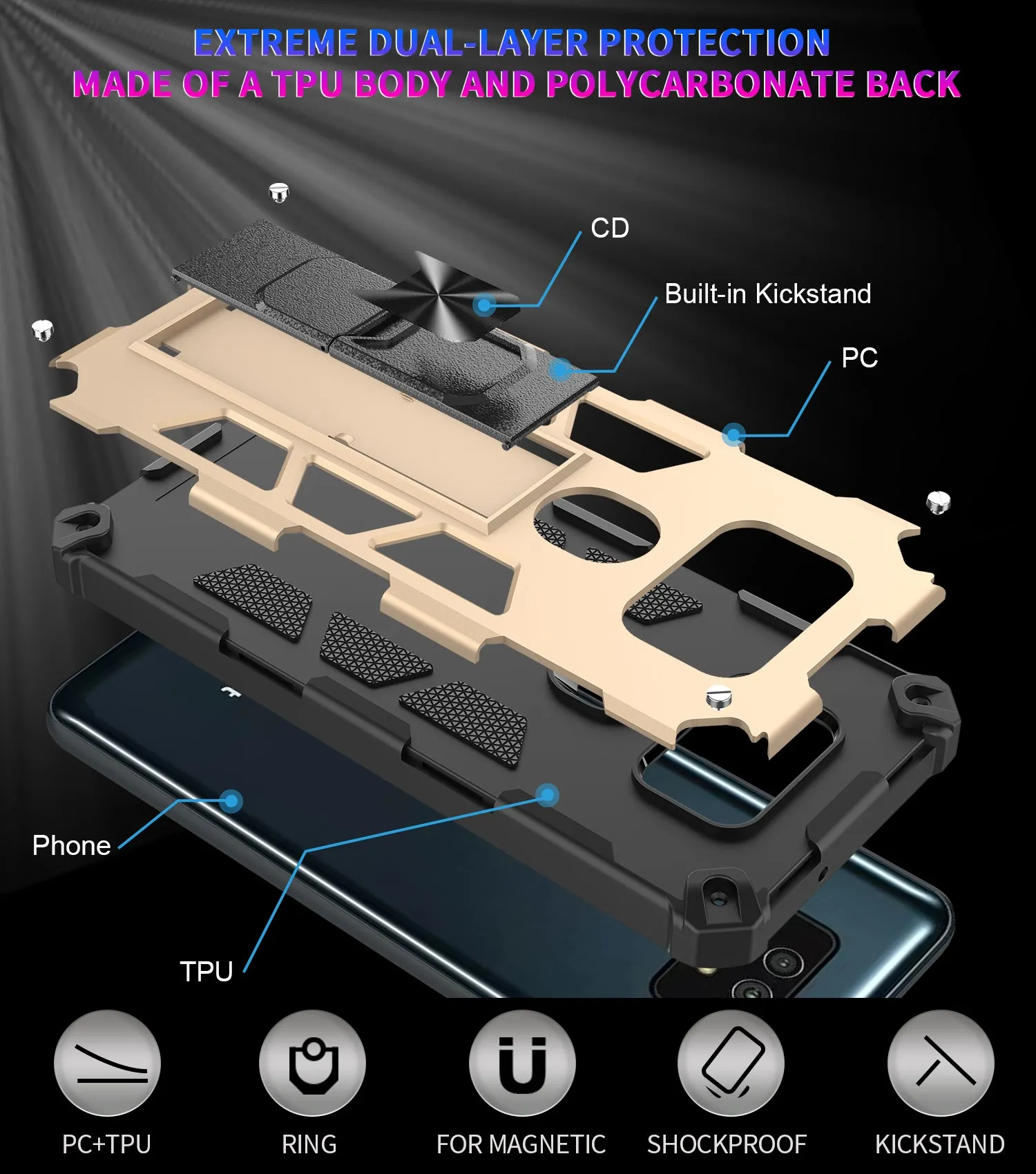 Cricket Ovation 2 Case ,AT&T Maestro Max Case [Military Grade] Ring Car Mount Kickstand Hybrid Hard PC Soft TPU Shockproof Protective Case - Gold