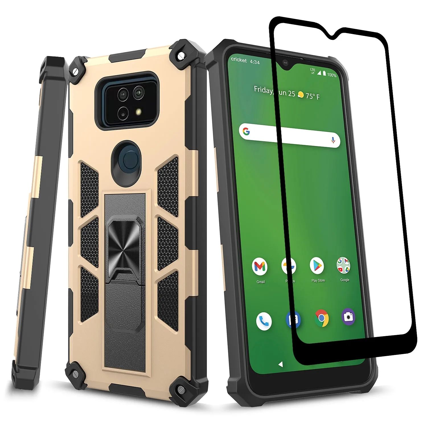 Cricket Ovation 2 Case ,AT&T Maestro Max Case [Military Grade] Ring Car Mount Kickstand Hybrid Hard PC Soft TPU Shockproof Protective Case - Gold