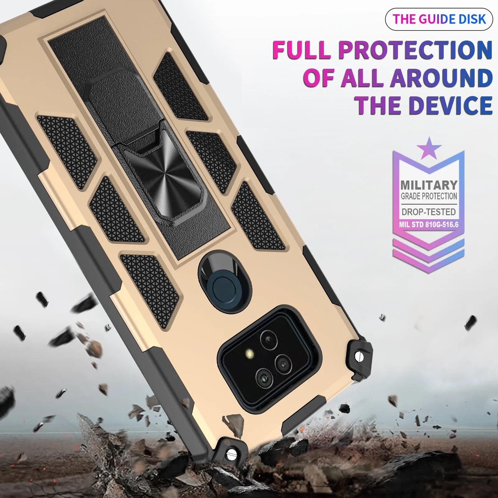 Cricket Ovation 2 Case ,AT&T Maestro Max Case [Military Grade] Ring Car Mount Kickstand Hybrid Hard PC Soft TPU Shockproof Protective Case - Gold