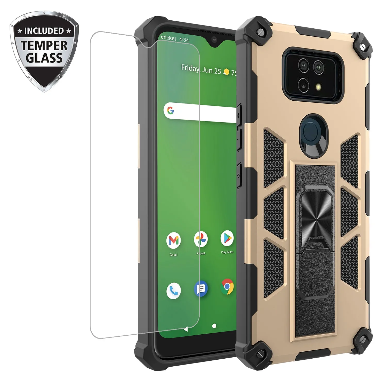 Cricket Ovation 2 Case ,AT&T Maestro Max Case [Military Grade] Ring Car Mount Kickstand Hybrid Hard PC Soft TPU Shockproof Protective Case - Gold