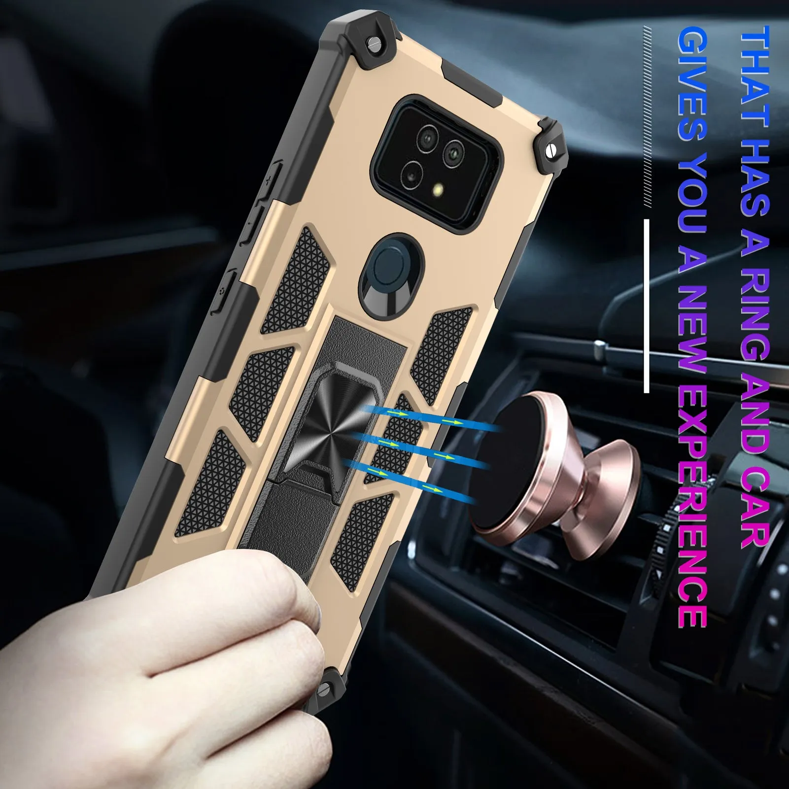 Cricket Ovation 2 Case ,AT&T Maestro Max Case [Military Grade] Ring Car Mount Kickstand Hybrid Hard PC Soft TPU Shockproof Protective Case - Gold