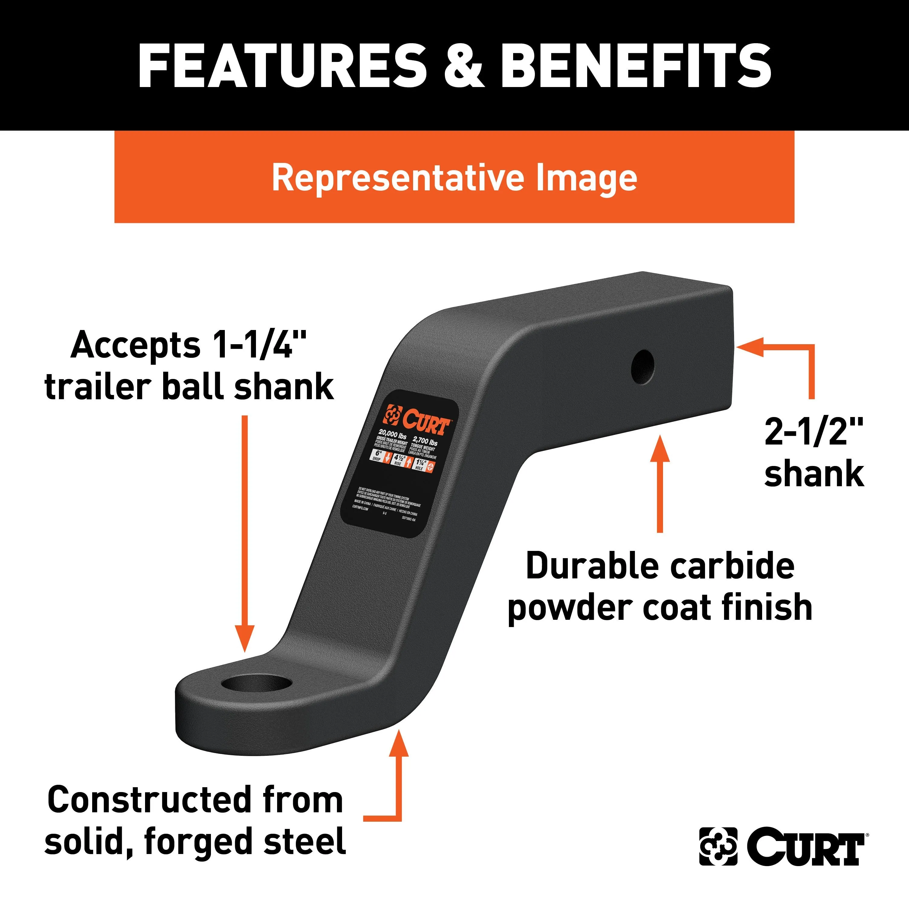 CURT 45458 Commercial Duty Forged Ball Mount (2-1/2in. Shank; 20;000 lbs.; 4in. Drop)