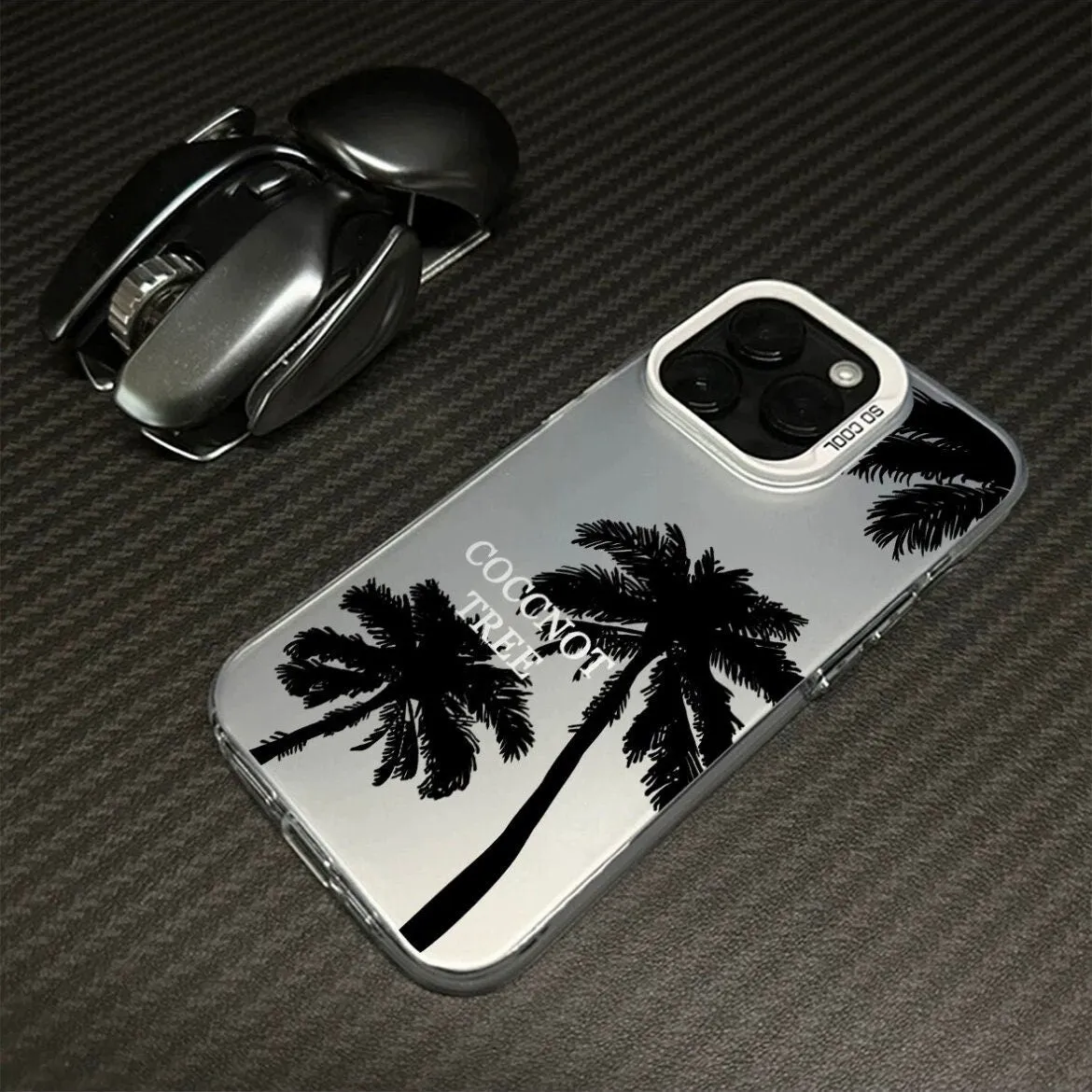 Cute Grey Minimalist Sleek Black Coconut Palm Tree Print Design Protective Shockproof Phone Case for iPhone X XR XS 11 12 13 14 15 Pro Max