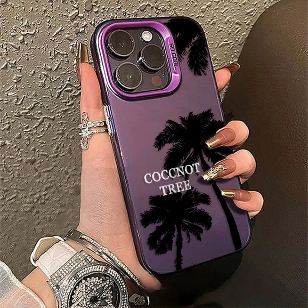 Cute Grey Minimalist Sleek Black Coconut Palm Tree Print Design Protective Shockproof Phone Case for iPhone X XR XS 11 12 13 14 15 Pro Max