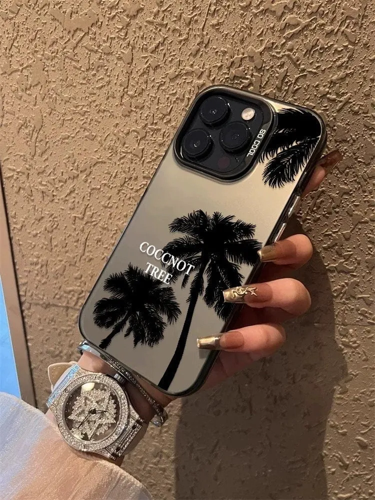 Cute Grey Minimalist Sleek Black Coconut Palm Tree Print Design Protective Shockproof Phone Case for iPhone X XR XS 11 12 13 14 15 Pro Max