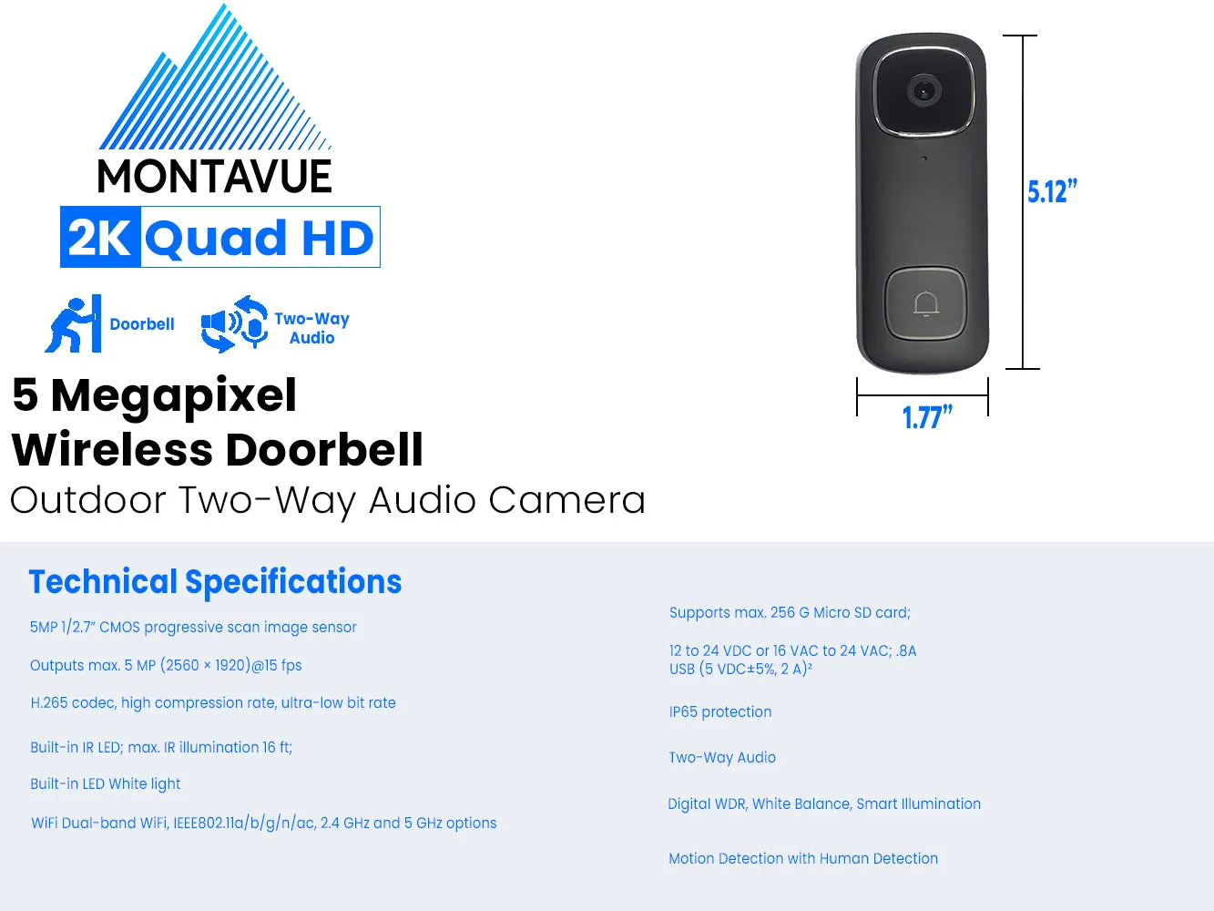 DH-DB6i | 5MP 2K Black Wi-Fi Doorbell Camera with 2-Way Audio and Human Detection