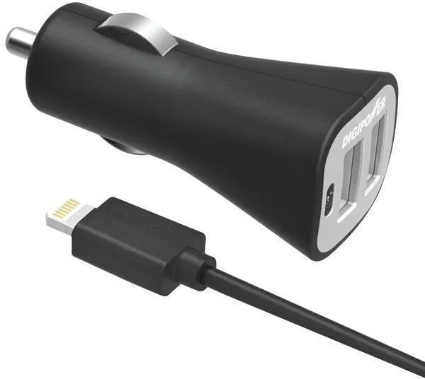 DIGIPOWER IS-PC3DL InstaSense 3.4-Amp Dual-USB Car Charger with 5ft Lightning Cable