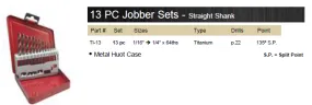 DRILL BIT SET JOBBER TITANIUM 135° 13 PIECE WITH METAL CASE